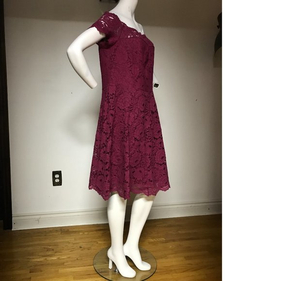NWT 18 PLUS SIZE Le Chateau Deep Wine Plum Fit Flare Skater Lace Dress Formal - Picture 2 of 7